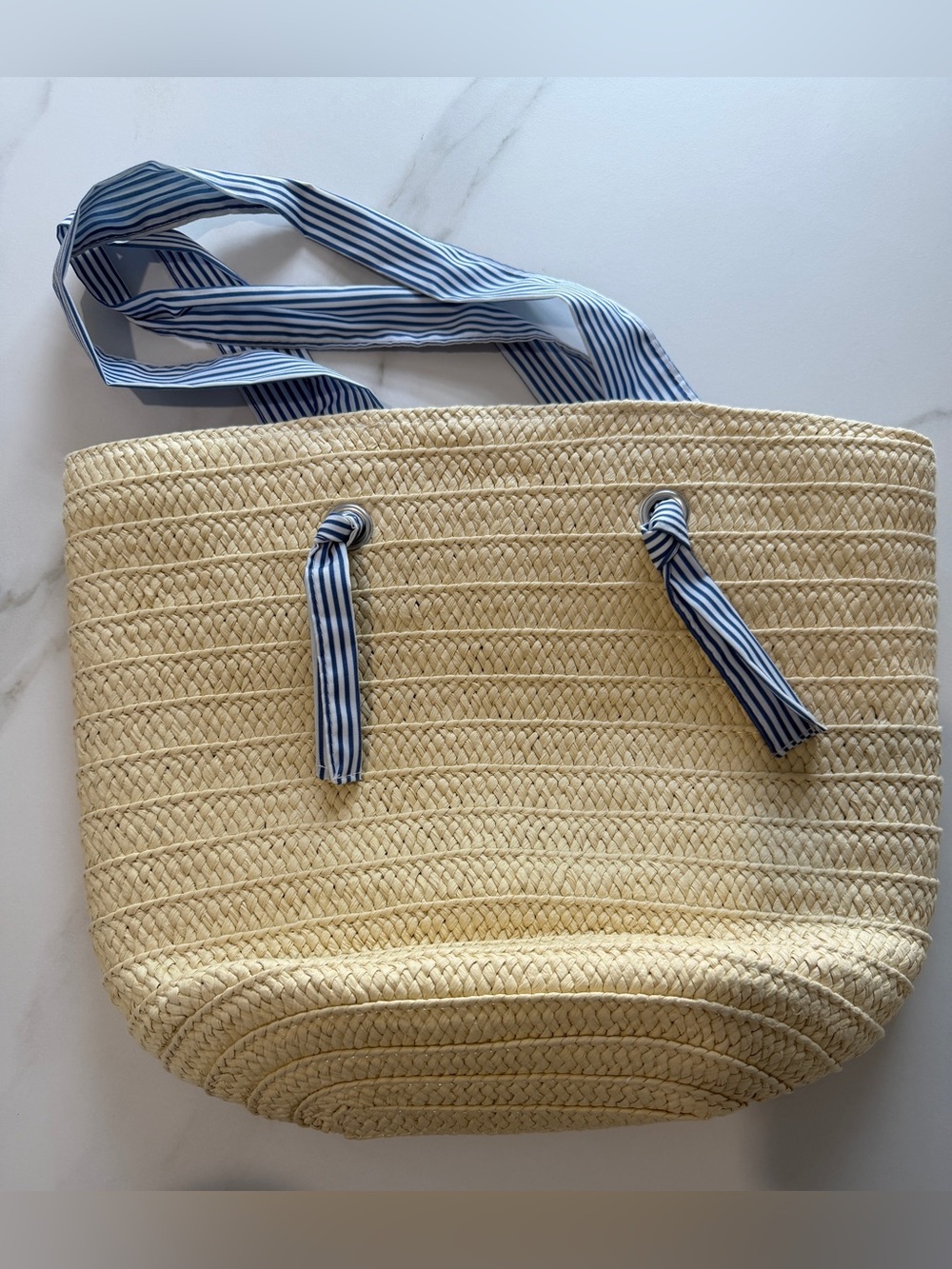Straw Tote beach Bag with Blue-White Striped Handles - Picture 3 of 11
